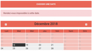 Si le client sélectionne un jour passé, le jour-même ou un samedi ou un dimanche alors un indicateur lui affiche qu'il doit sélectionner une date valide