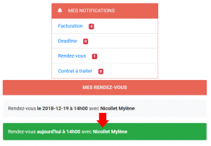 Le rendez-vous apparaît également dans les notifications de l'administrateur, devient aussi plus apparent le jour du rendez-vous puis disparaît le lendemain