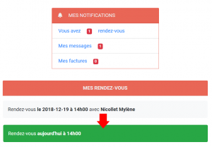 Le rendez-vous apparaît alors dans les notifications du client, devient plus apparent le jour du rendez-vous puis disparaît le lendemain